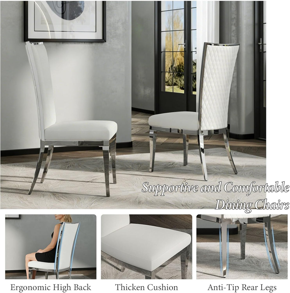 AUZ White and Silver Dining Chairs, Modern Velvet Upholstered Dining Room Chairs with High Back and Mirrored Metal Legs for Restaurant Kitchen, Set of 2