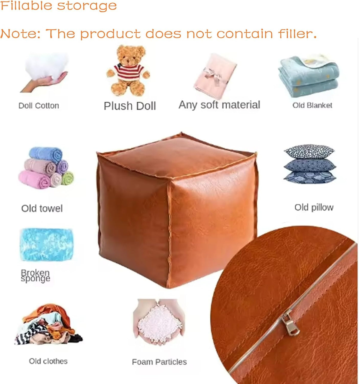 Faux Leather Unstuffed Pouf Ottoman, Square Pouffe Footstool Storage Stool, Pouf Sleeve Without Stuffing, Foot rest Suitable for living Room,Bedroom or Balcony（Size：17"D x 17"W x 15"H)No Filler