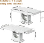 Dining Table for 4-6 People, 55 Inches Dinner Table with Drawers and Open Storage, Wooden Pedestal Base, Rectangular Farmhouse Kitchen Table for Kitchen, Living Room, Marble White