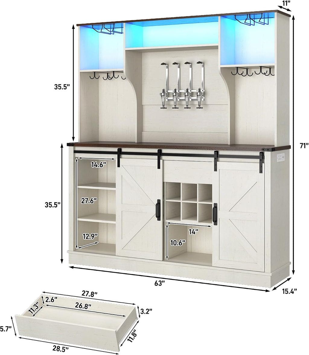 Farmhouse Coffee Bar Cabinet with LED Light, Charging Station & Sliding Barn Doors - 63"W x 71"H Large Wine Rack, Built-in Liquor Dispenser, Glass/Mug Holders for Kitchen, Living Room, Hallway
