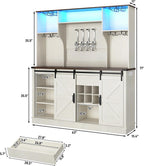 Farmhouse Coffee Bar Cabinet with LED Light, Charging Station & Sliding Barn Doors - 63"W x 71"H Large Wine Rack, Built-in Liquor Dispenser, Glass/Mug Holders for Kitchen, Living Room, Hallway