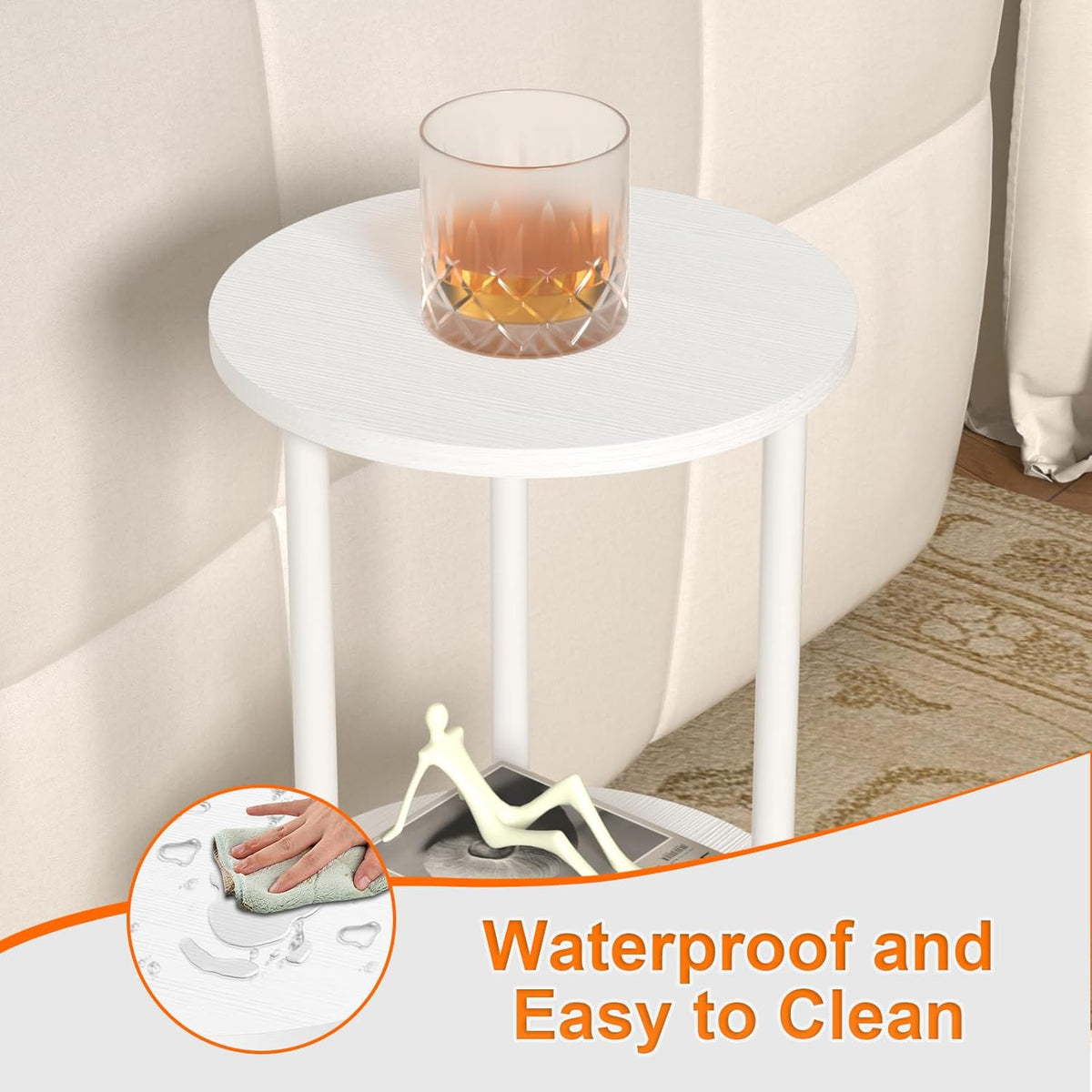 11.8'D Round Drink Table - 3-Tier Small Side Table with Wood Legs, End Table for Small Space, Balcony & Office | Space-Saving, Multi-Functional (Plants, Books, Drinks), White