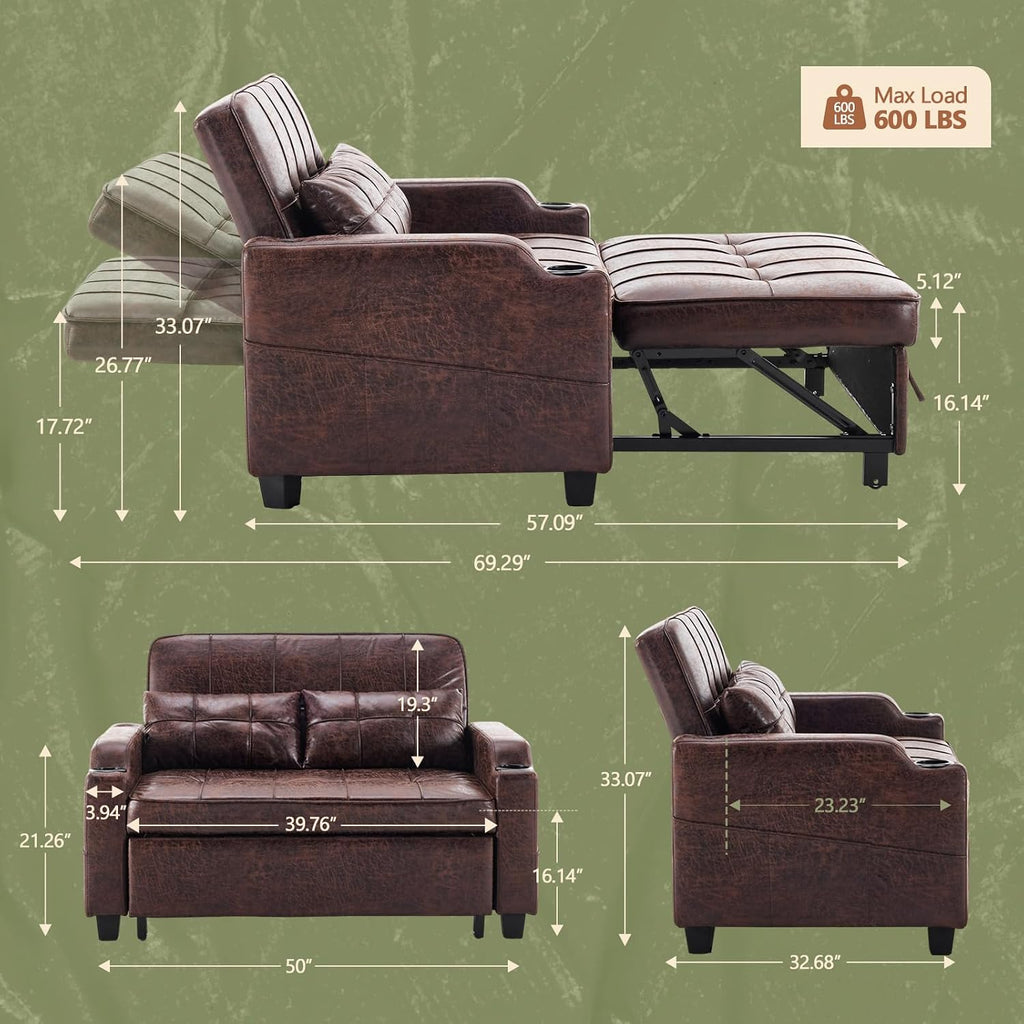 VINGLI Rustic Futon Sofa Bed Convertible Loveseat Sleeper Sofa Couch, Pullout Sofa Fold Out Couch Bed with USB Ports, Cup Holders, Armrest for Living Room, Bedroom Apartment Room