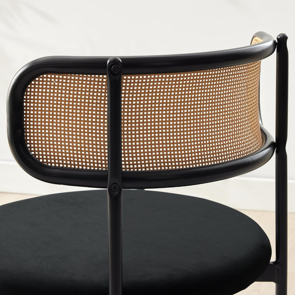 Rattan Dining Chairs Set of 4, Velvet Mid-Century Modern Upholstered Dining Chairs with Woven Cane Backrest, Black Kitchen Dining Room Chairs