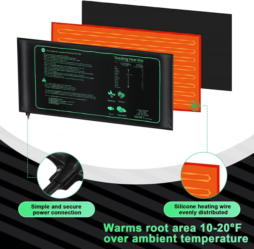 ROCEEI 6 Pack Durable Seedling Heat Mat 10 x 20.75 Waterproof Plant Heating Pad Warm Hydroponic Grow Mat for Greenhouse Grow Seed Starting Plant Germination (Black,Green)