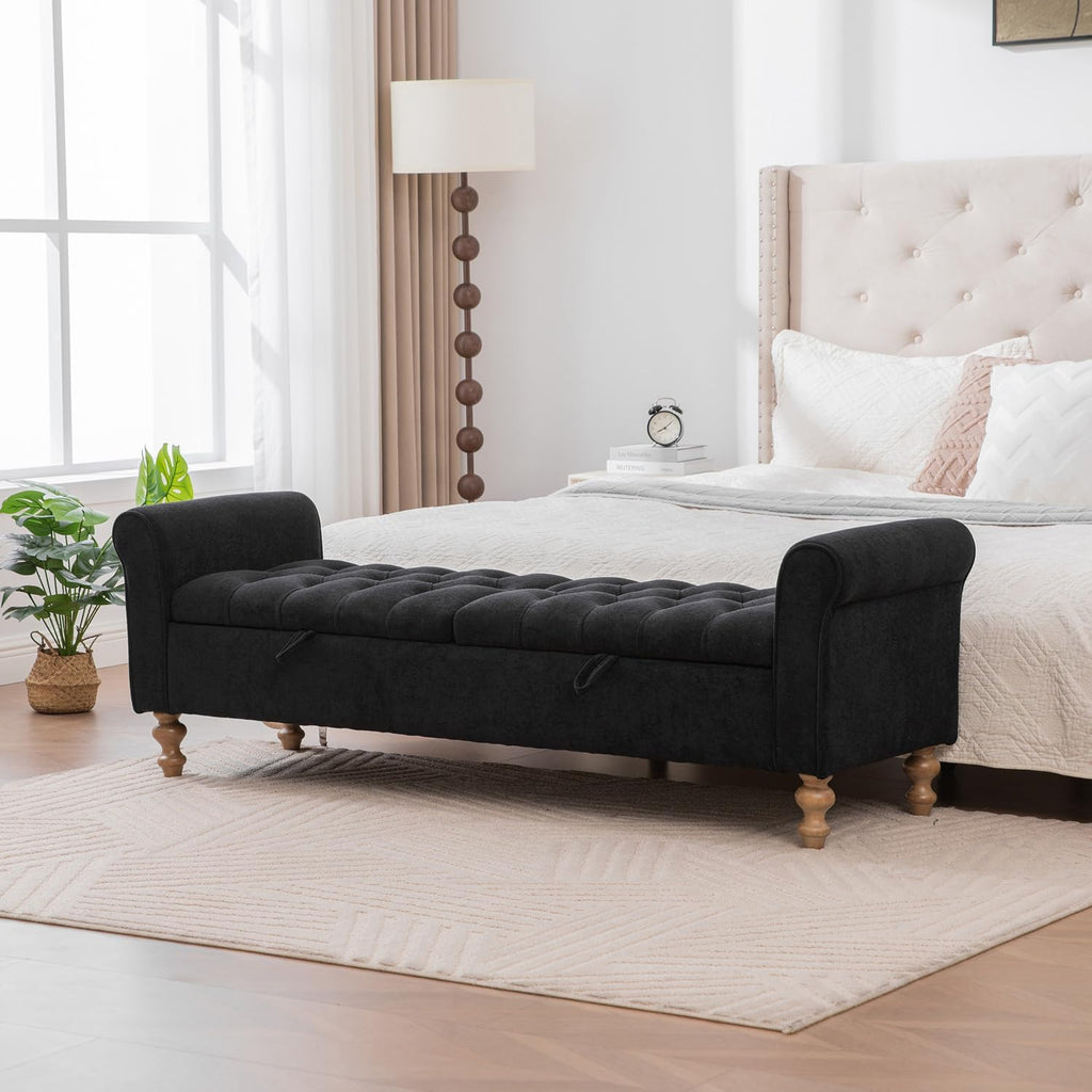 65.75" Modern Upholstered Ottoman with Storage, End of Bed Storage Bench with Rolled Armrest and Wood Legs, Comfy Napped Fabric Ottoman Bench for Living Room, Entryway, Dormitory, Bedroom (Black+A)
