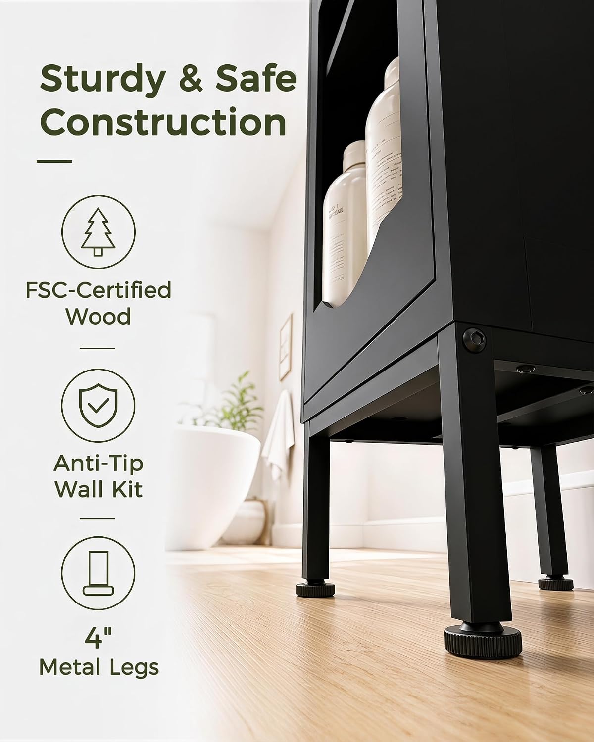 fineway 68"H x 16"W Tall Bathroom Storage Cabinet with Door & Drawer, Black | Clear-View Doors, 6-in-1 Large Capacity Storage, Easy Assembly & 4-Year Warranty, FSC-Certified Wood, Anti-Tip Safety