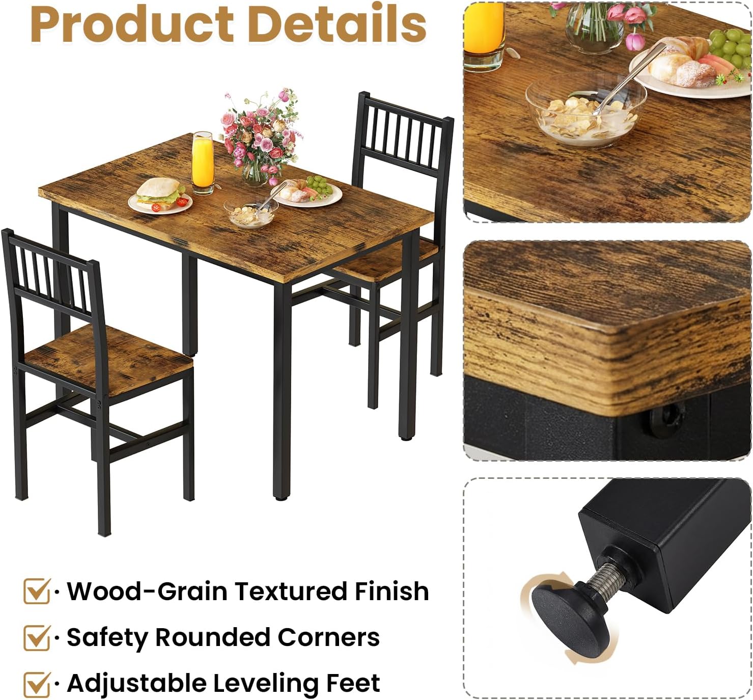 3 Piece Dining Table Set for 2, Small Wooden Kitchen Table Set with Chairs, Space Saving Breakfast Nook Table and Chairs Set of 2, Modern Dinette Set for Dining Room, Apartment, Small Space, Brown