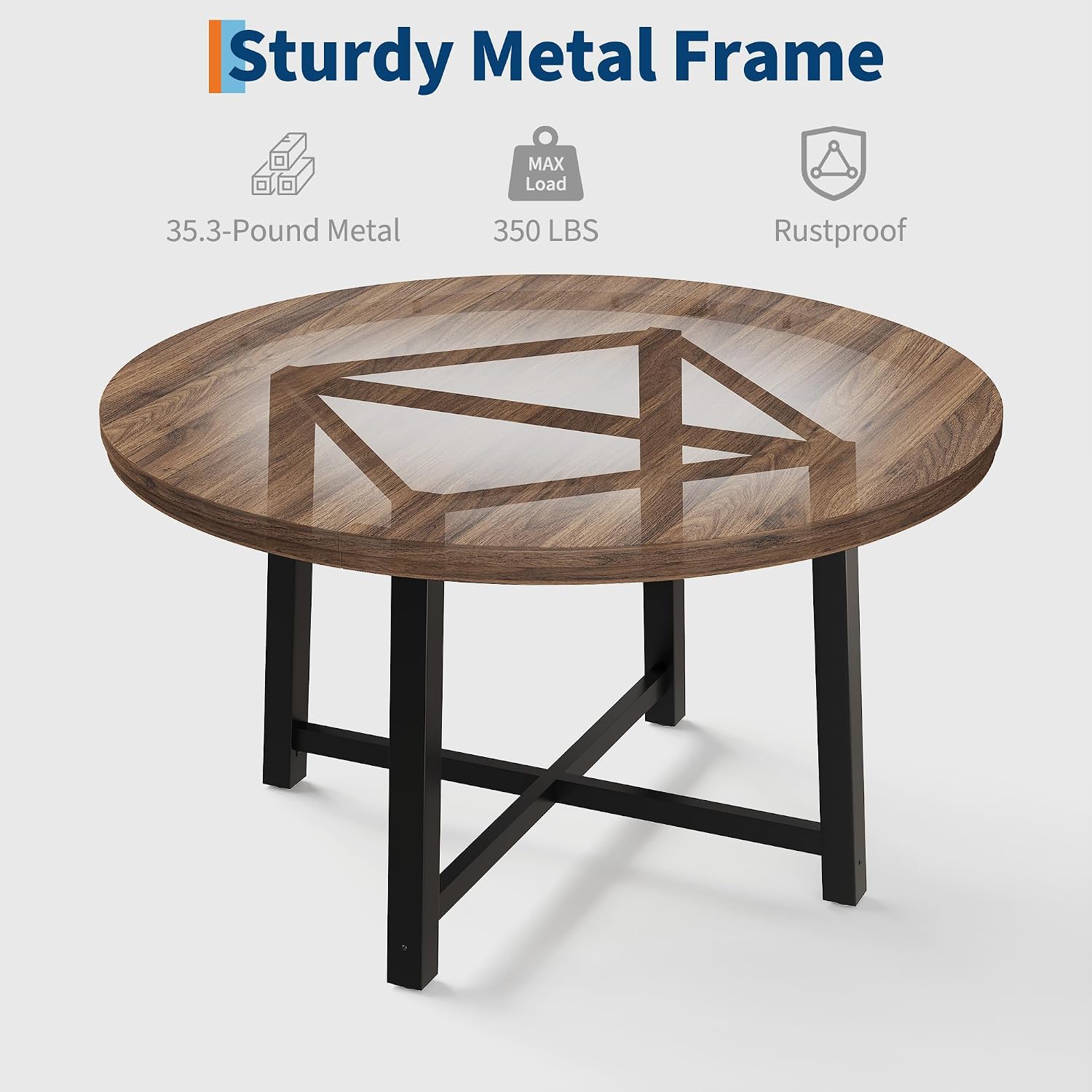 GarveeHome 47 in Round Dining Table, Industrial Dinner Table for 4 to 6, Wooden Kitchen Table with Sturdy Metal Frame & Rustic Brown Finish, Circle Kitchen Table for Dining Room, Kitchen （No Chairs）