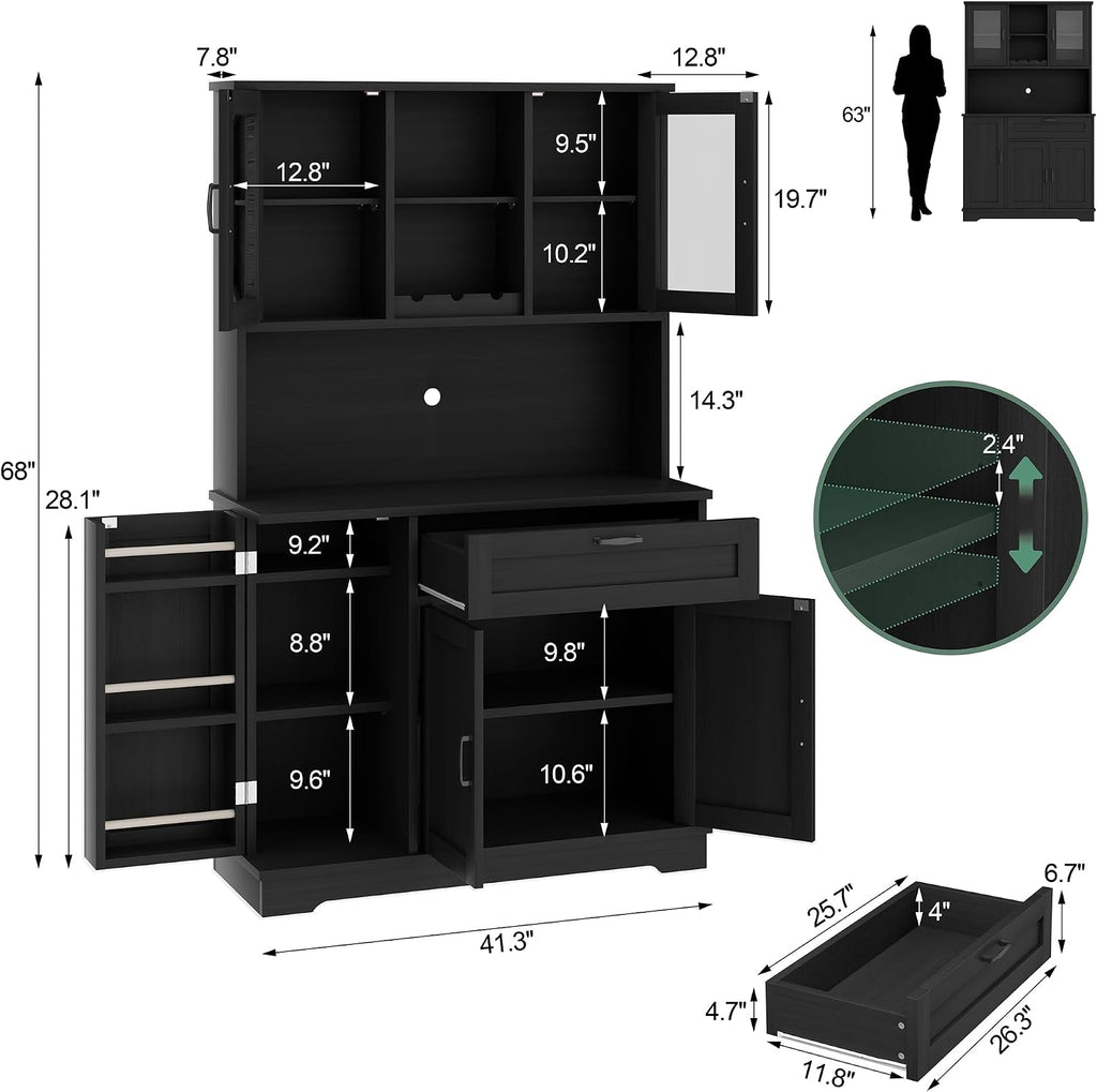 Shintenchi 68" Kitchen Pantry Storage Cabinet, with Microwave Stand, Black | Freestanding Buffet Cabinet, with 3 Door Shelves, Kitchen Hutch with Doors, Adjustable Shelves and Wine Rack