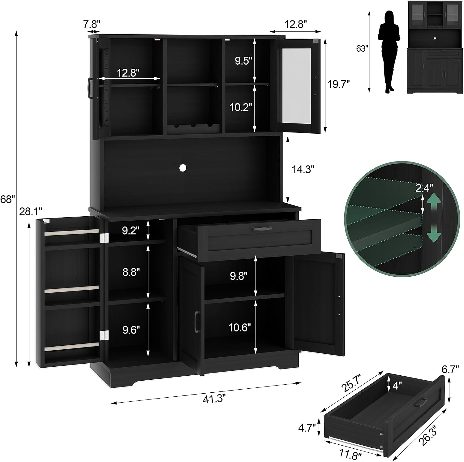 Shintenchi 68" Kitchen Pantry Storage Cabinet, with Microwave Stand, Black | Freestanding Buffet Cabinet, with 3 Door Shelves, Kitchen Hutch with Doors, Adjustable Shelves and Wine Rack
