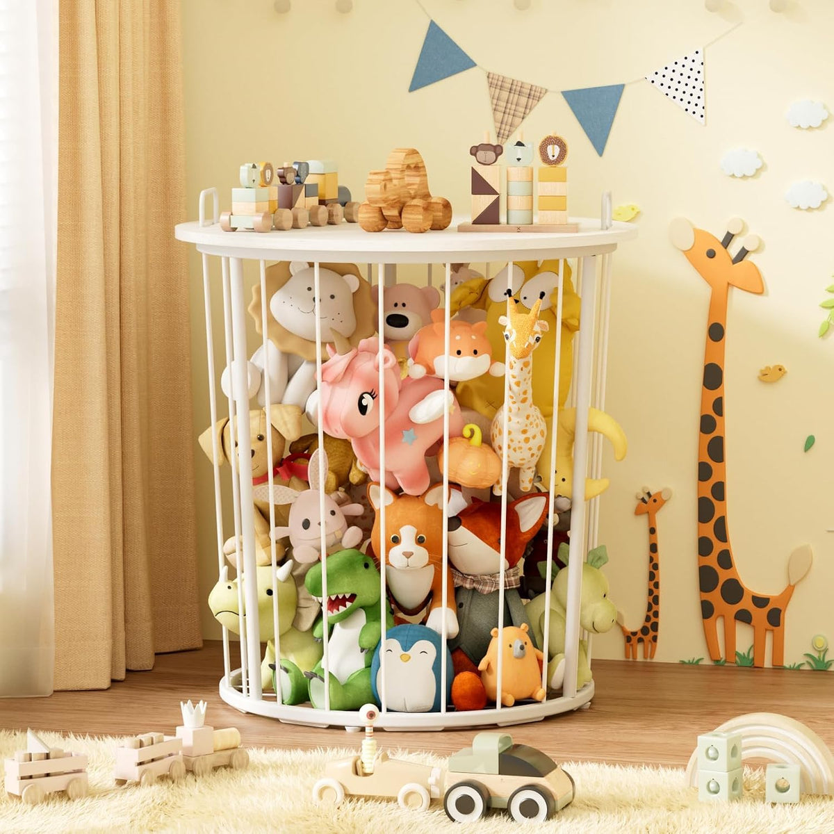 BBLIKE Large Stuffed Animal Storage End Table, Toy Storage for Kids Room | 100L Large Capacity, Metal Frame with Wood Lid, Elastic Rope, Side Handles, Wooden Stuffed Zoo Animal Holder, White