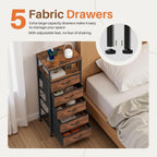 Sweetcrispy Nightstand with Charging Station 5 Fabric Drawers Bedside Table | Night Stand with USB Type-C Ports, AC Outlets & Dimmable LED Light Strip, Modern Rustic Brown Bedroom End Table