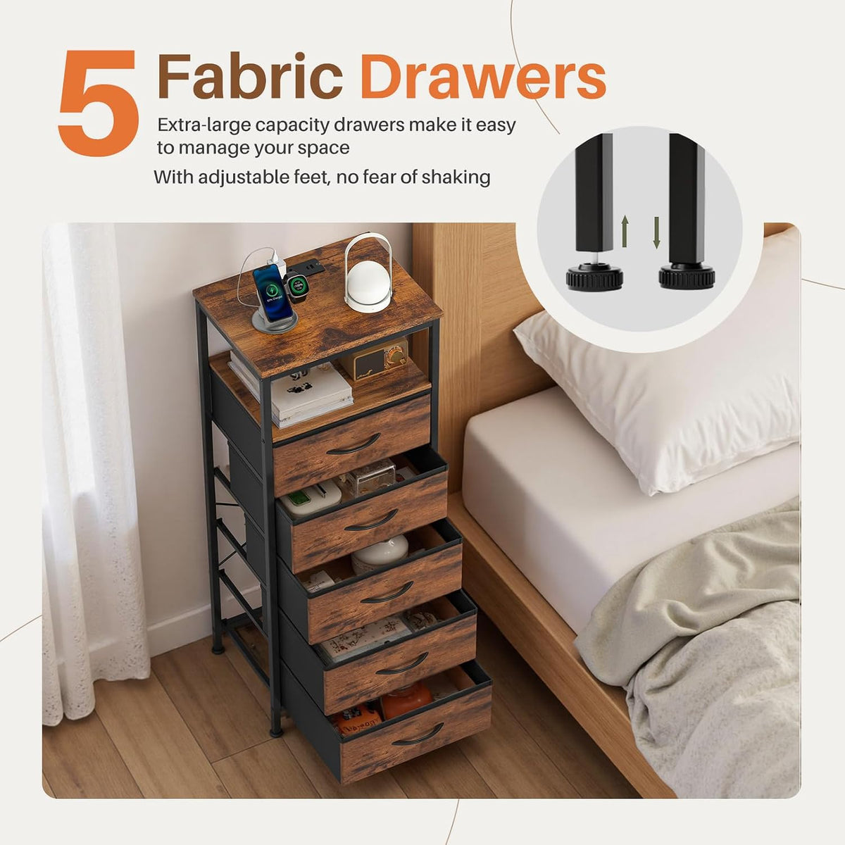 Sweetcrispy Nightstand with Charging Station 5 Fabric Drawers Bedside Table | Night Stand with USB Type-C Ports, AC Outlets & Dimmable LED Light Strip, Modern Rustic Brown Bedroom End Table