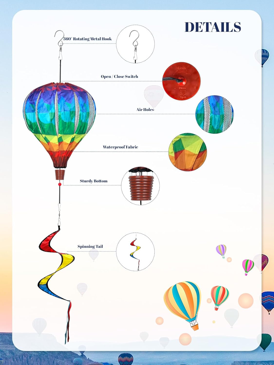 2PCS Giant Rainbow Hot Air Balloon Wind Spinners 14" W x 59" H Large Multicolor Whirligig Wind Spinner Hanging Ornaments for Yard Garden Lawn Outdoor Decorations