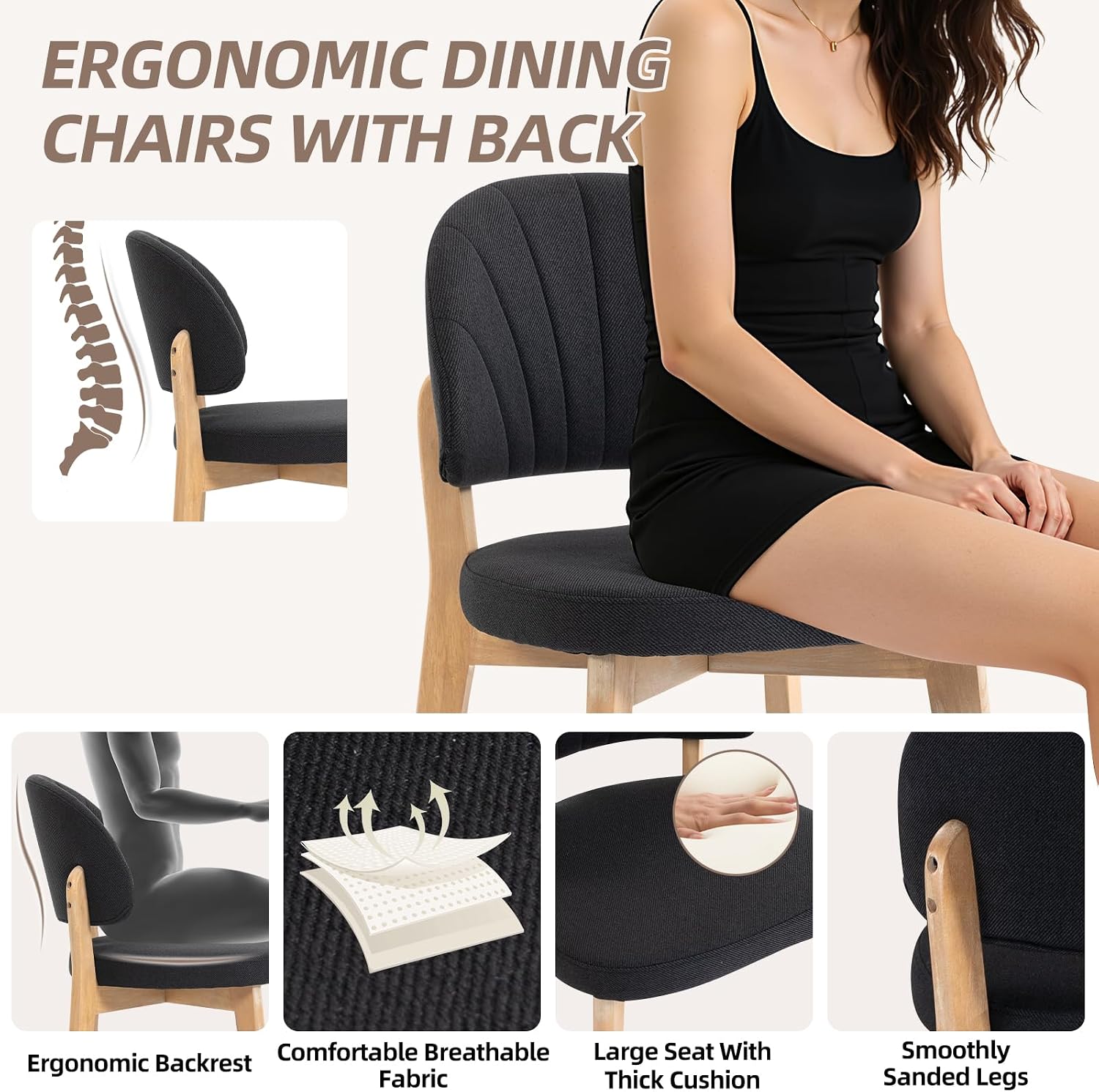 Modern Fabric Upholstered Dining Chairs Set of 4, Farmhouse Curved Back Armless Accent Chairs with Solid Oak Wood Legs, Walnut Kitchen Side Chairs for Dining Room, Bedroom/Restaurant, Black