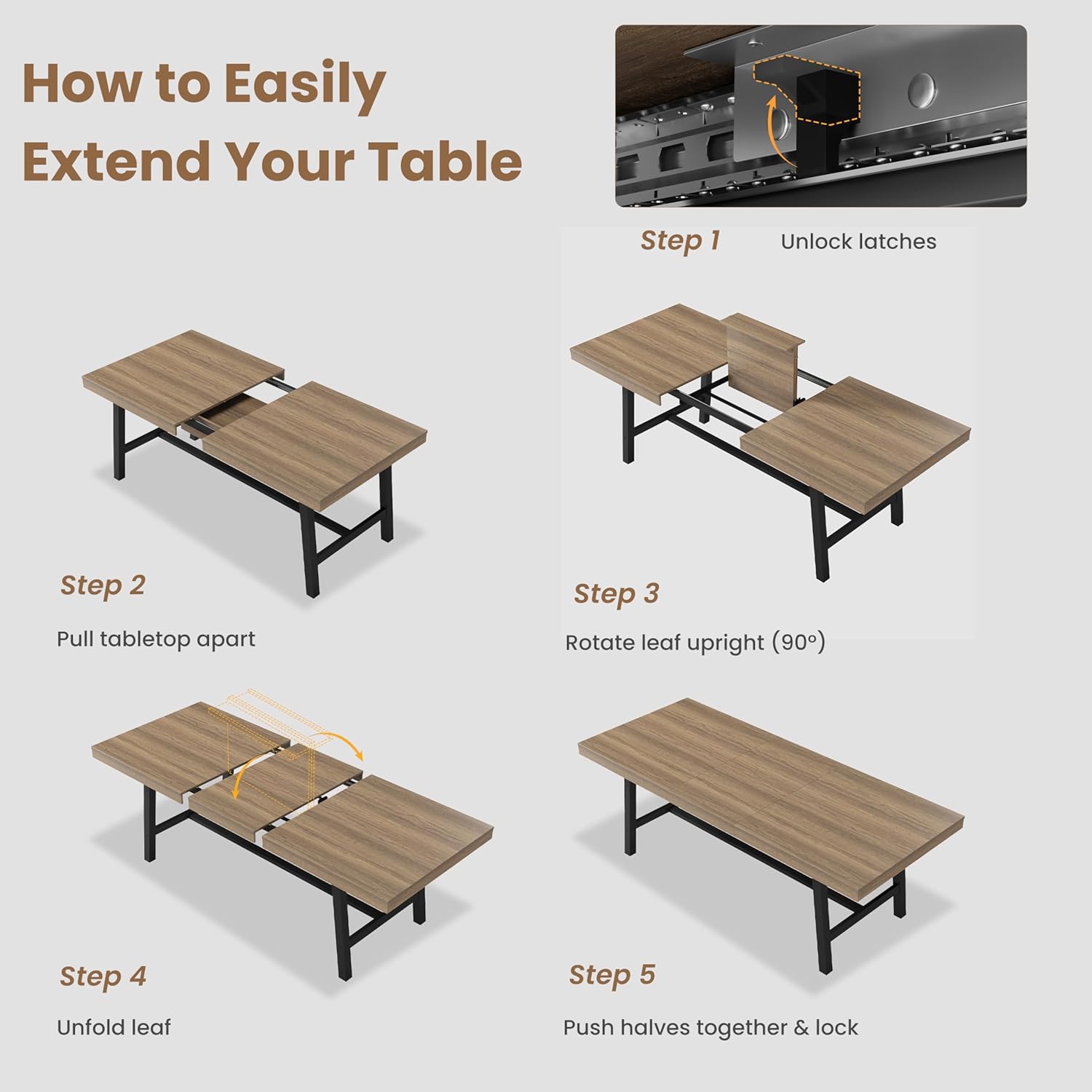 GarveeHome 63-83" Extendable Dining Table, Industrial Rectangular Dining Room Table for 6-8 People, Expandable Kitchen Table with Heavy Duty Metal Frame for Dining Room, Kitchen & Parties, Rustic Pear