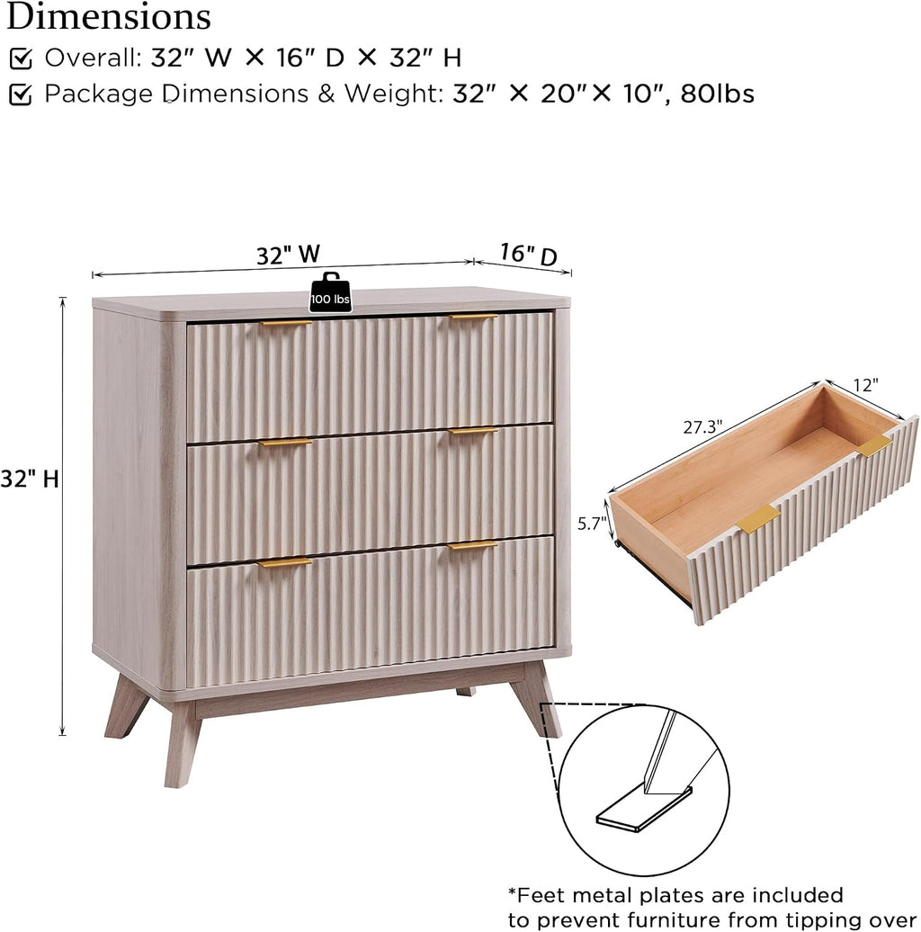 T4TREAM 32" Large Fluted Nightstand with 3 Drawers, White Alder | Oversized, Mid Century Modern, Curved Profile, Metal Handles, Smooth Slides, Spacious Drawers, for Bedroom, Living Room