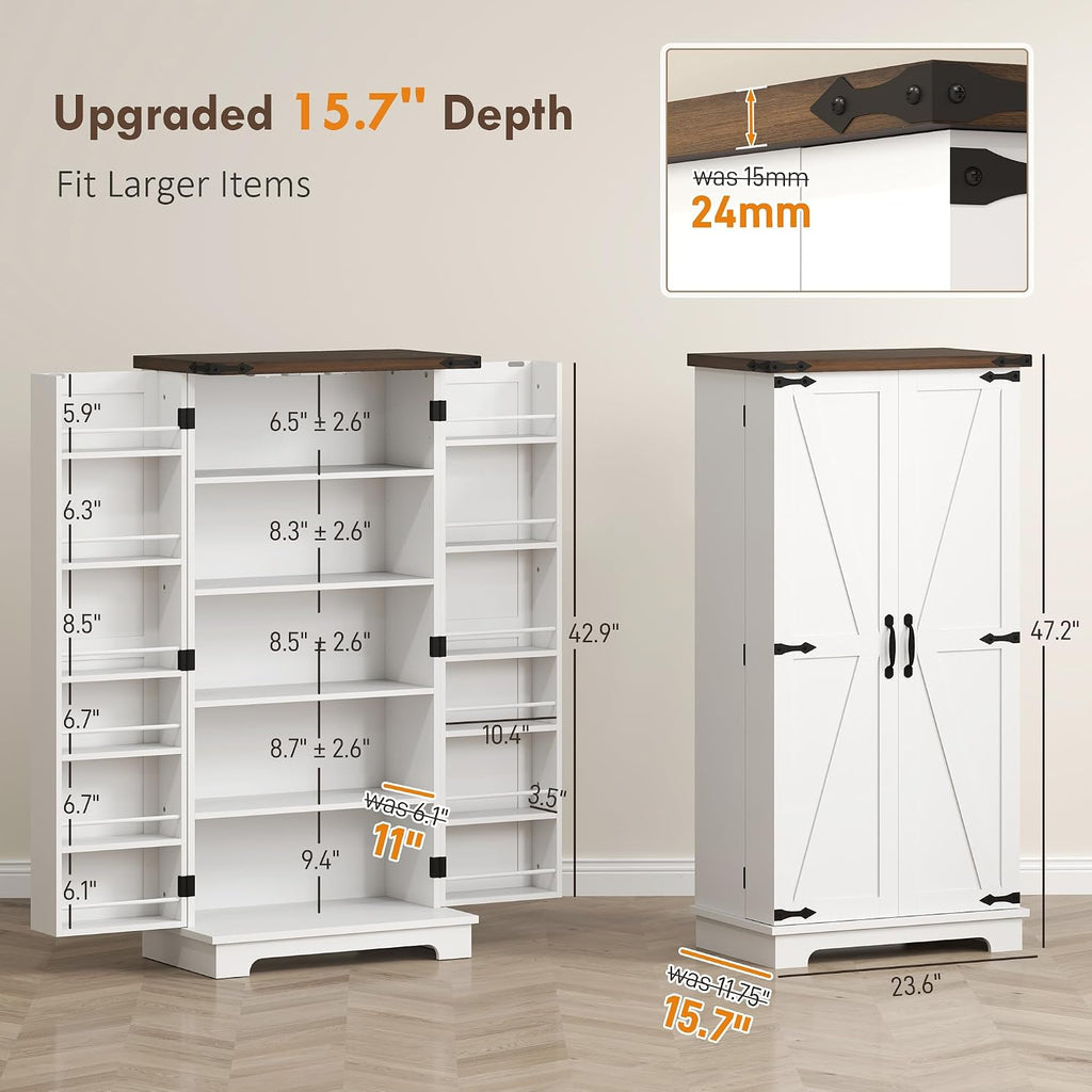 HOMCOM 47" LED Kitchen Pantry Cabinet with Barn Door 5 Deep Shelves White | Farmhouse Storage Cabinet, 12 Door Shelves, Freestanding Food Pantry