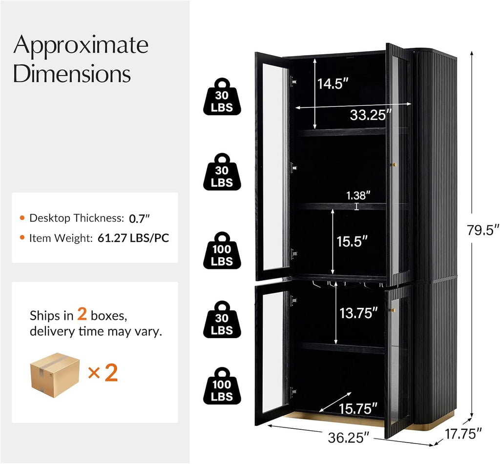 HULALA HOME Modular Display Storage Cabinet, 79.5" Tall Fluted Bookcase with Glass Doors, Modern Pantry Cabinet for Dining Room Home Office Living Room, Black