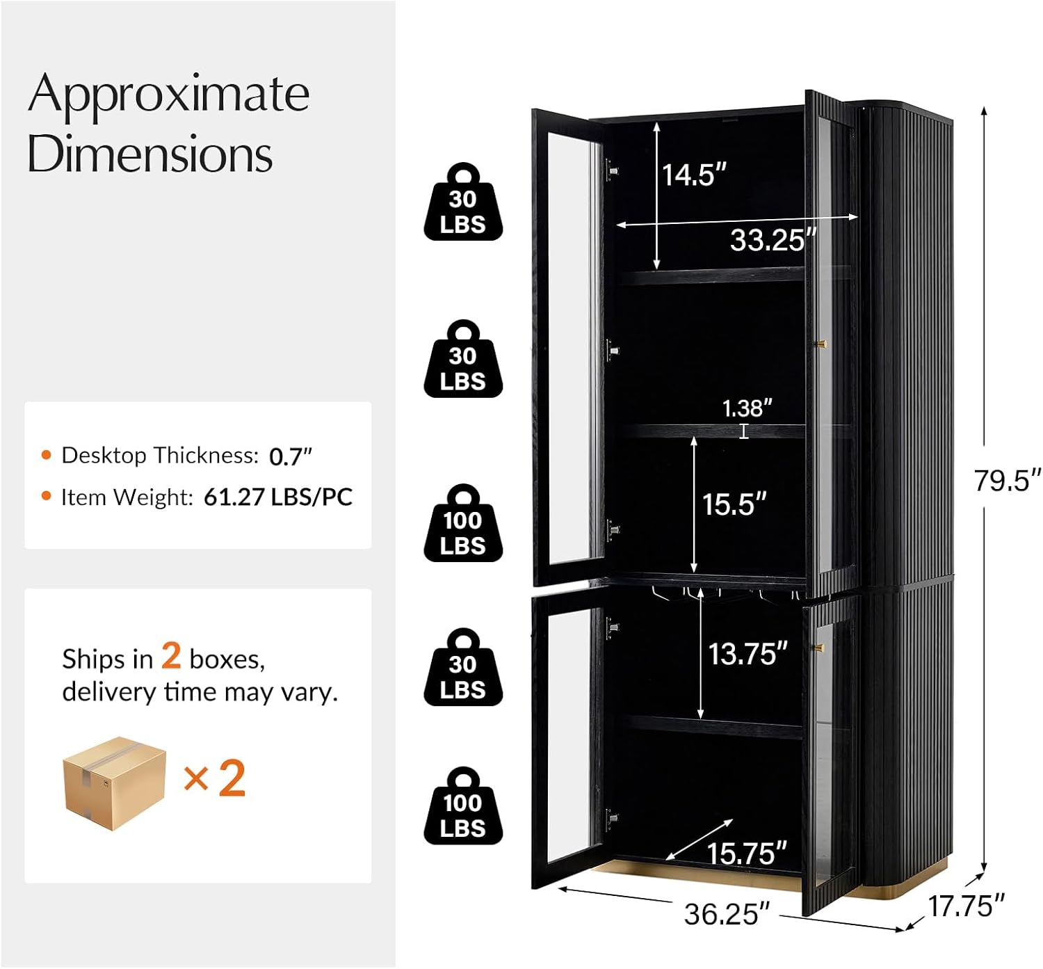HULALA HOME Modular Display Storage Cabinet, 79.5" Tall Fluted Bookcase with Glass Doors, Modern Pantry Cabinet for Dining Room Home Office Living Room, Black