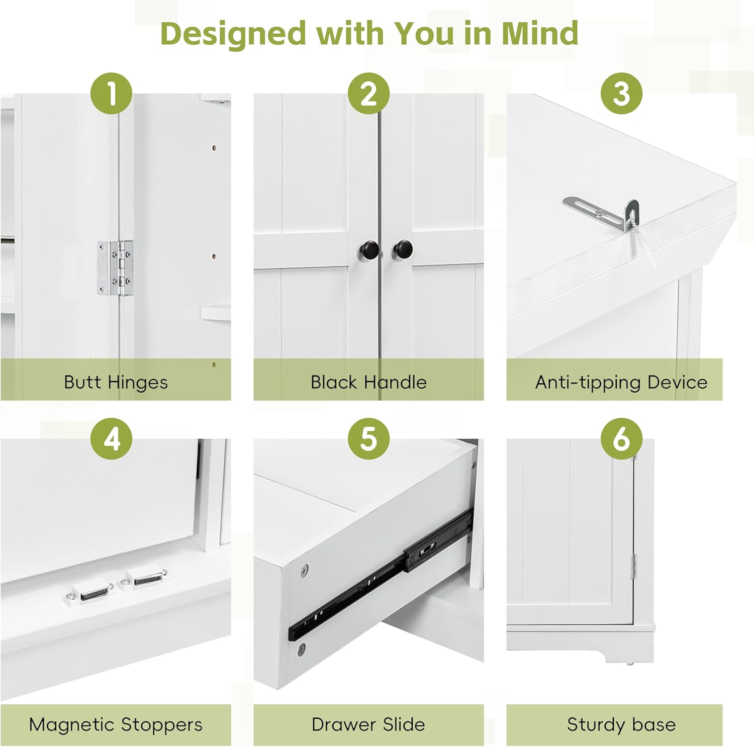 Shaker Style Kitchen Pantry with Drawers, Freestanding Storage Cupboard with Door Shelves, Adjustable Shelves and Pull-Out Trays,for Dining Room (White-B)