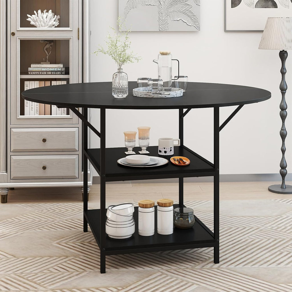 GOFLAME Round Dining Table for 4-6 People, 47” Kitchen Table with 2-Tier Storage Shelves and Heavy-Duty Metal Frame, Industrial Dinner Table for Kitchen, Dining Room, Apartment, Black