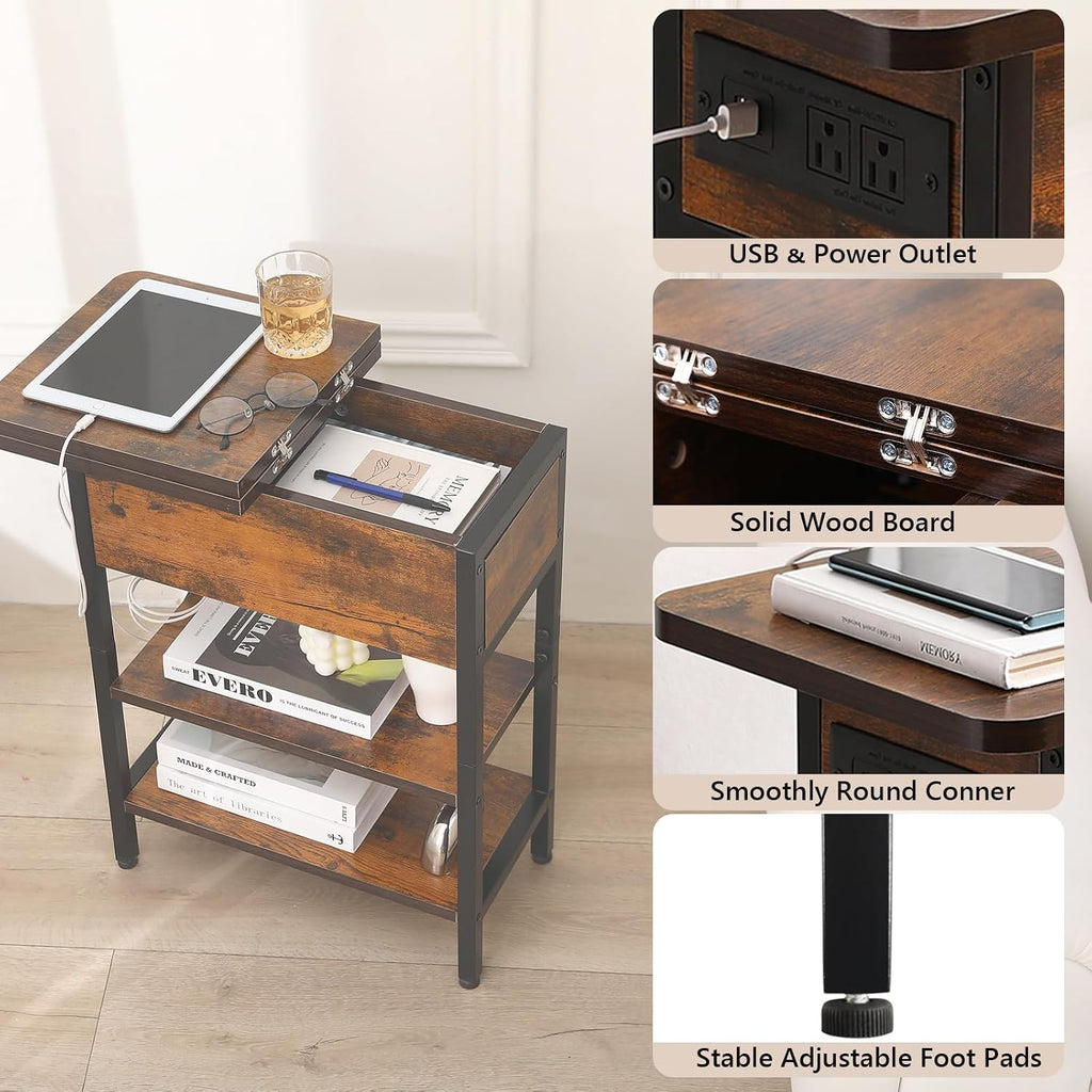 End Table with Charging Station, Narrow Side Table with USB Ports & Outlets, Flip-Top Nightstand with Storage Shelf, Small Bedside Table for Living Room, Bedroom, Small Space,Rustic Brown