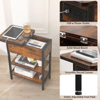 End Table with Charging Station, Narrow Side Table with USB Ports & Outlets, Flip-Top Nightstand with Storage Shelf, Small Bedside Table for Living Room, Bedroom, Small Space,Rustic Brown