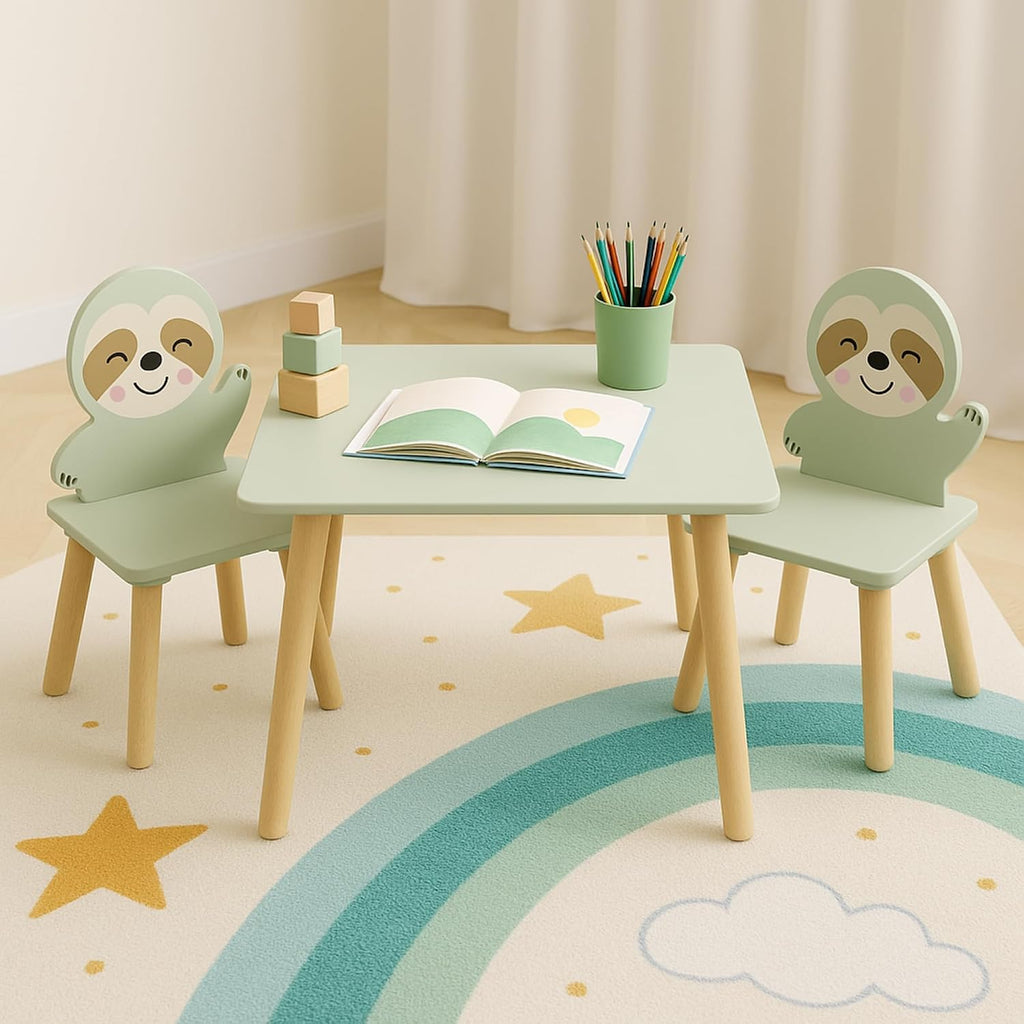 Kids Table and Chair Set with 2 Sloth Chairs 23.6" x 23.6" x 17.3" Solid Wood Table & Chairs in Sage Green & Natural Wood