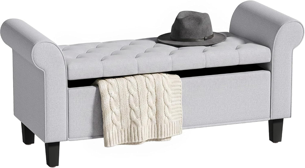 HOMCOM 47" Storage Ottoman Bench, Tufted Long Ottoman with Storage Chest, Rolled Arms, Safety Hinge, Wooden Legs, Upholstered End of Bed Bench, 528 lbs for Bedroom, Entryway, Living Room, Light Gray