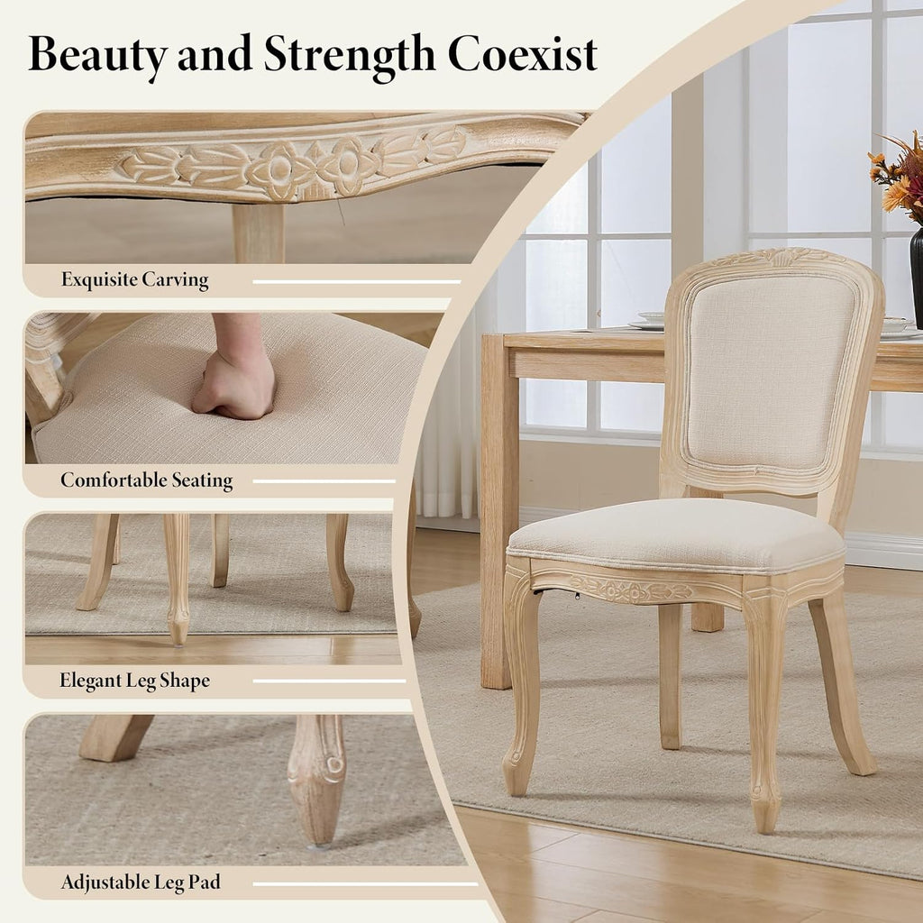 Kmax French Dining Chairs Set of 4, Farbric Upholstered Dining Chairs with Elegant Curved Legs High Back Armless Kitchen Chairs Side Chairs for Dining Room Restaurant - Linen, Beige/Natural Legs