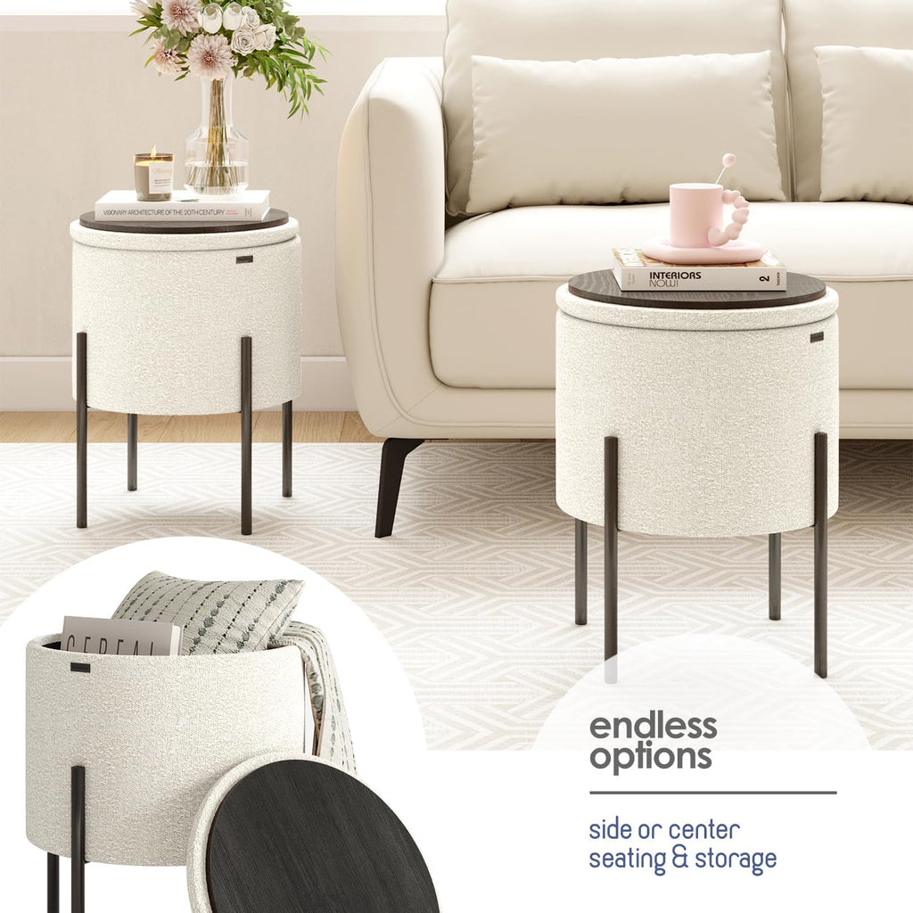 Round Ottoman with Storage, Boucle Storage Ottoman, Foot Stool Ottoman, Makeup Vanity Stool, Small Ottomans Foot Rest, Modern Ottomans for Living Room and Bedroom, Cream