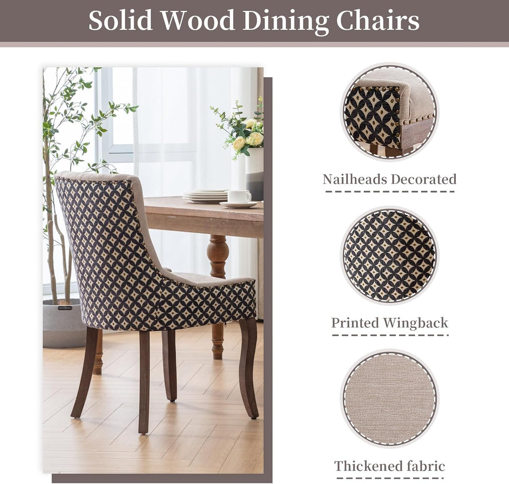 Beige Pattern Upholstered Dining Chairs Set of 4, Farmhouse Kitchen Chairs | Nailhead trim; solid wood legs; breathable fabric; high back; easy assembly; heavy duty dining chairs 400 lb capacity