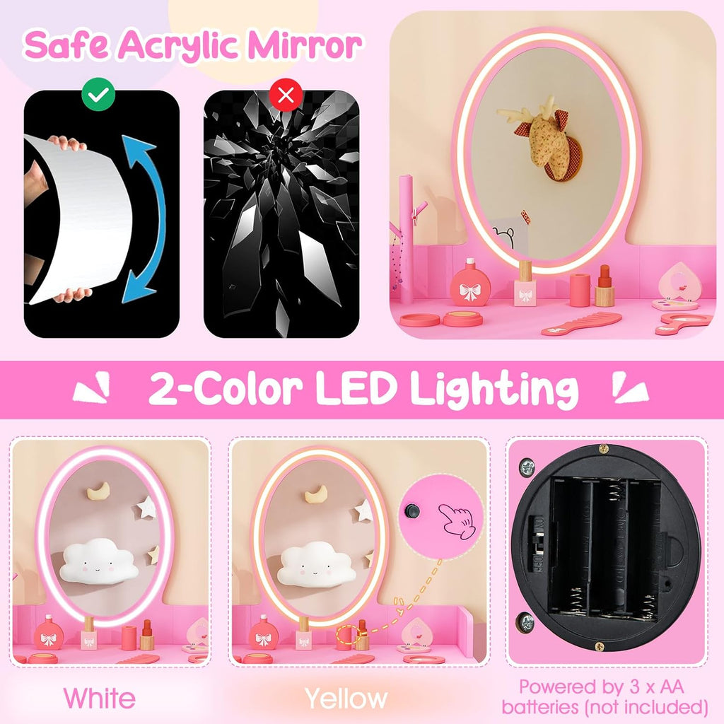 Costzon Kids Vanity, Girls Vanity Set with Mirror and Stool and Lights, Drawer, Jewelry Rack, 2 in 1 Wooden Princess Makeup Desk Dressing Table, Kids Vanity Table and Chair Set (Pink)