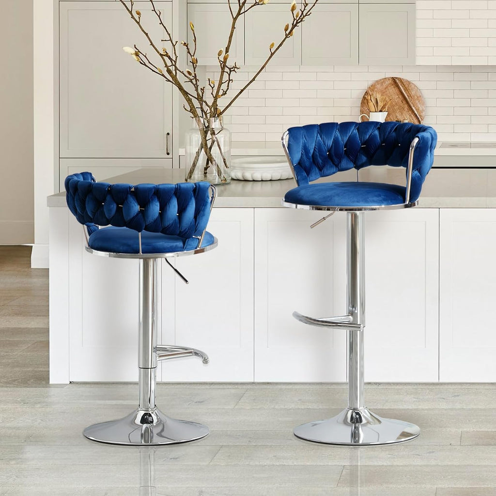 Blue Velvet Swivel Bar Stools Set of 2, Adjustable Counter Height Stools | Kitchen Island Stool with Metal Base, Woven Hollow Back, Upholstered, 360° Swivel, for Dining Room, Pubs
