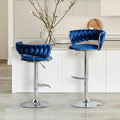 Blue Velvet Swivel Bar Stools Set of 2, Adjustable Counter Height Stools | Kitchen Island Stool with Metal Base, Woven Hollow Back, Upholstered, 360° Swivel, for Dining Room, Pubs