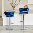Blue Velvet Swivel Bar Stools Set of 2, Adjustable Counter Height Stools | Kitchen Island Stool with Metal Base, Woven Hollow Back, Upholstered, 360° Swivel, for Dining Room, Pubs