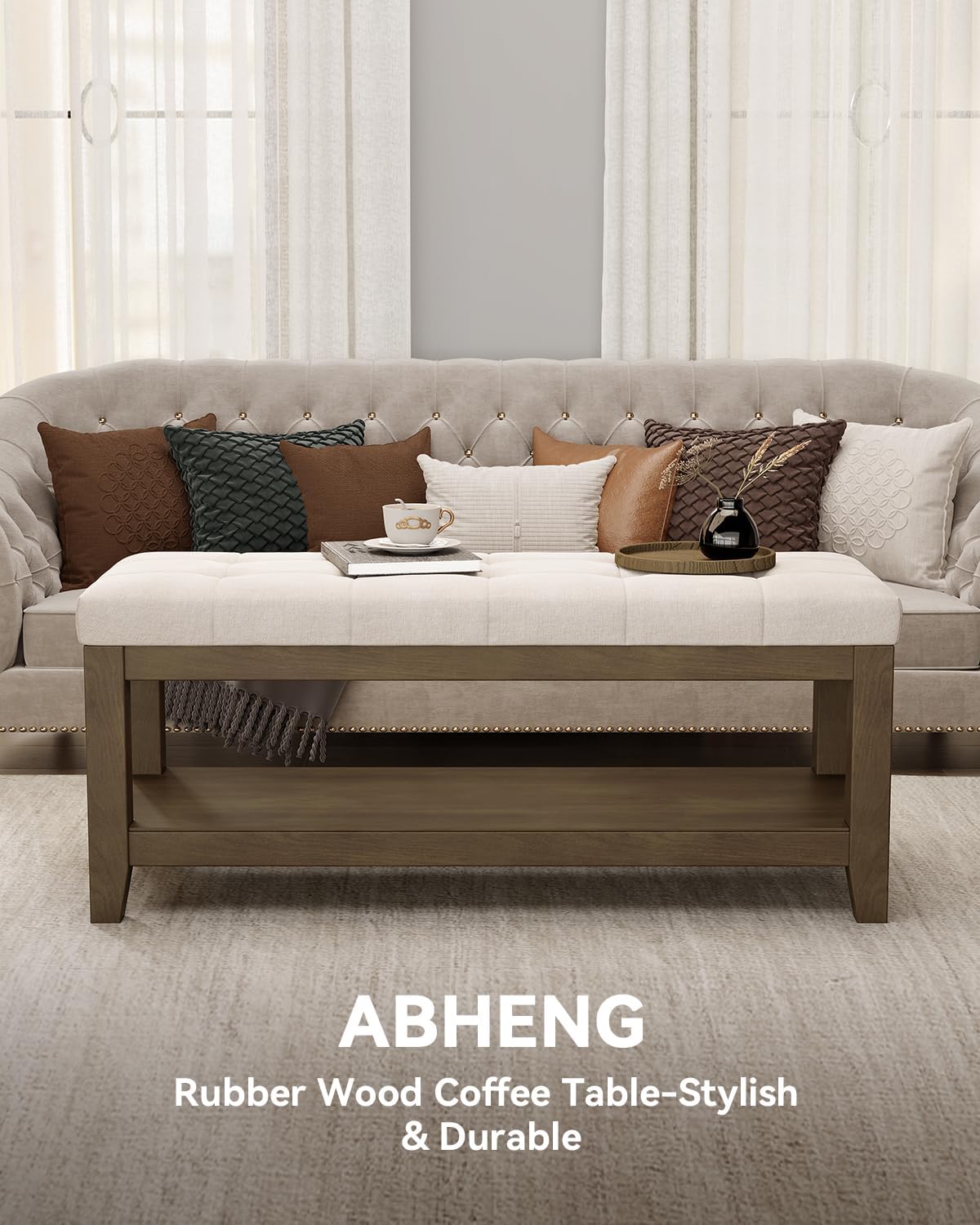 ABHENG Solid Rubber Wood Shoe Bench, Soft Chenille Material Upholstered Seat, 770LB Load Capacity, Multi-Storage for Entryway/Bedroom/Living Room, Vintage Style, 43.3"x15.7"x17.7", White,UASND65W