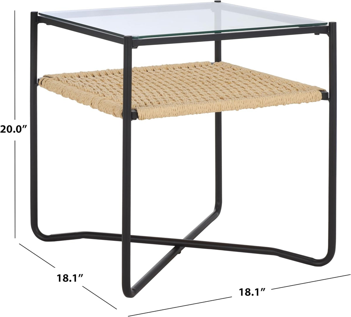 SAFAVIEH Home Collection - Omaka Square End Table, Black Metal Frame with Glass Top and Natural Woven Shelf (ACC2325A)