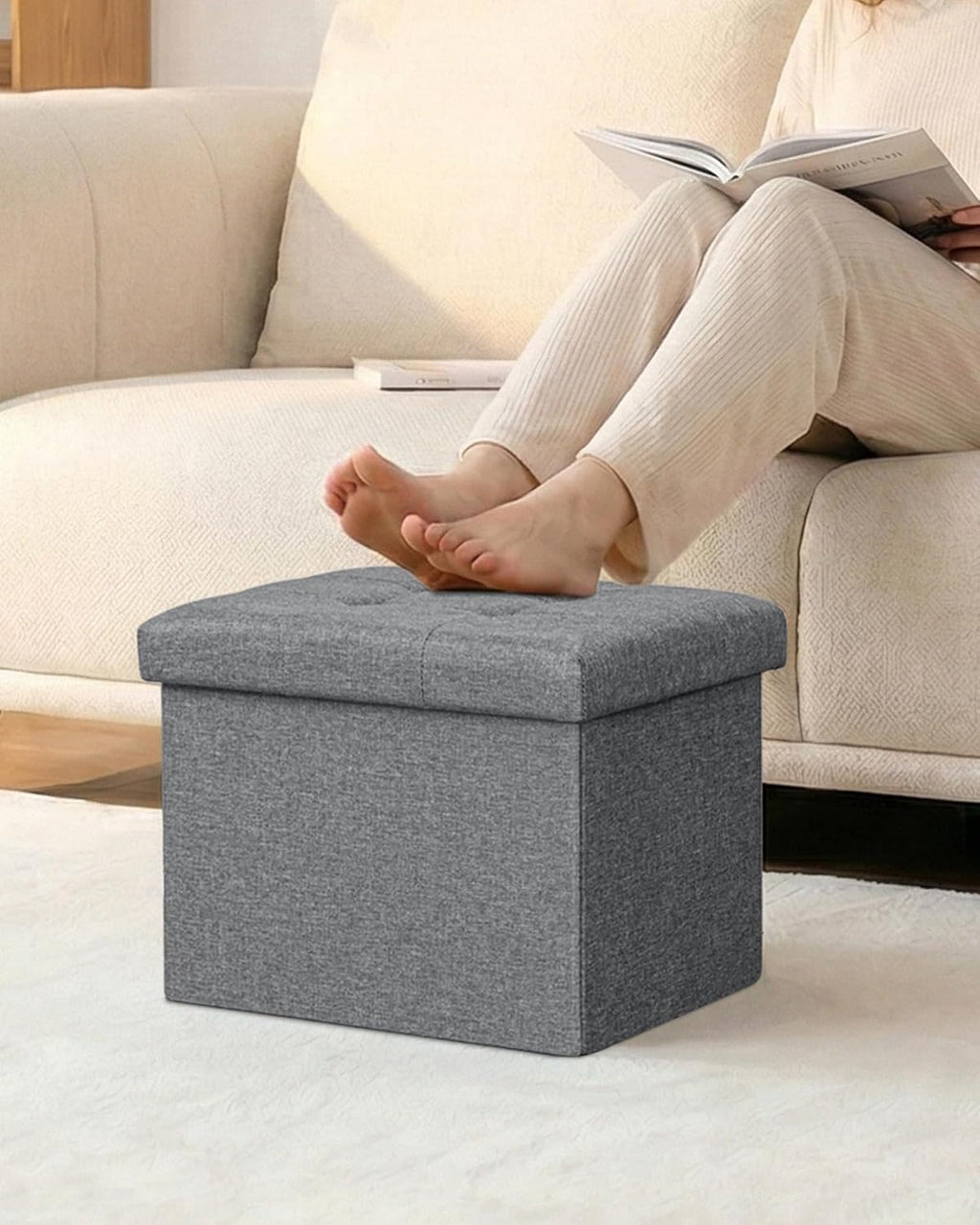 PINPLUS Button Tufted Folding Linen Storage Ottoman 16.5", 36L Collapsible Storage Cube with Lid, Supports 250 lbs, Fabric Foot Rest Ottoman for Living Room, Bedroom, Entryway,Grey