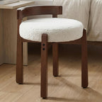 HNY Modern Boucle Ottoman : Upholstered Vanity Chair with Solid Wood Legs, Cute Round Footrest for Bedroom & Living Room, White