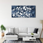 NINEASO Abstract Flowers Canvas Wall Art - Gray White Tree Floral Branches Pictures Wall Decor White Blossom Deep Indigo Blue Background Painting Artwork for Living Room Bedroom Home Decor 24" x 48"