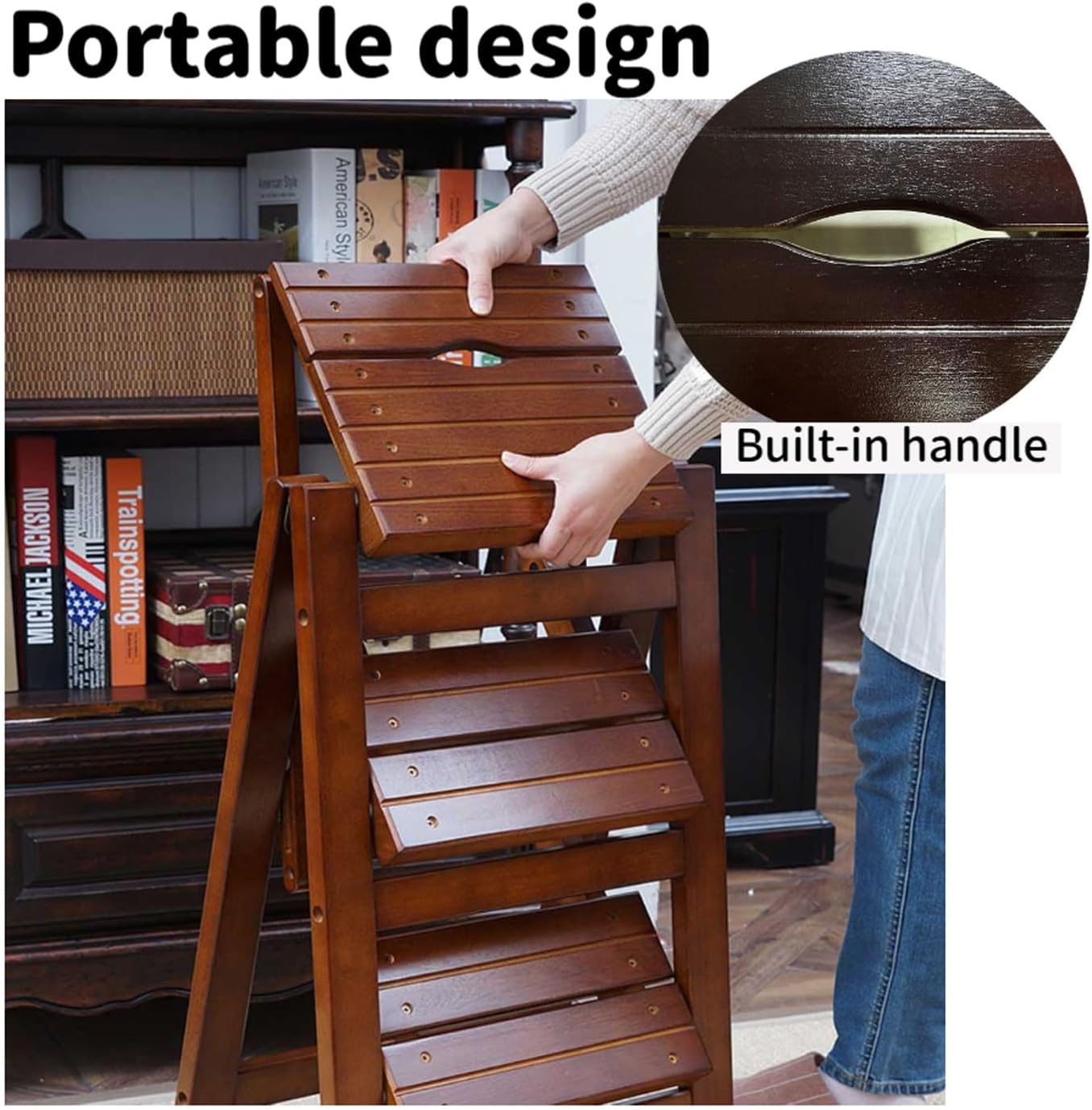 3 Step Stool Wooden Folding Ladder Chair Thickened Library Stair Chair Portable Light Garden Tool Ladder Maximum Load 337bl