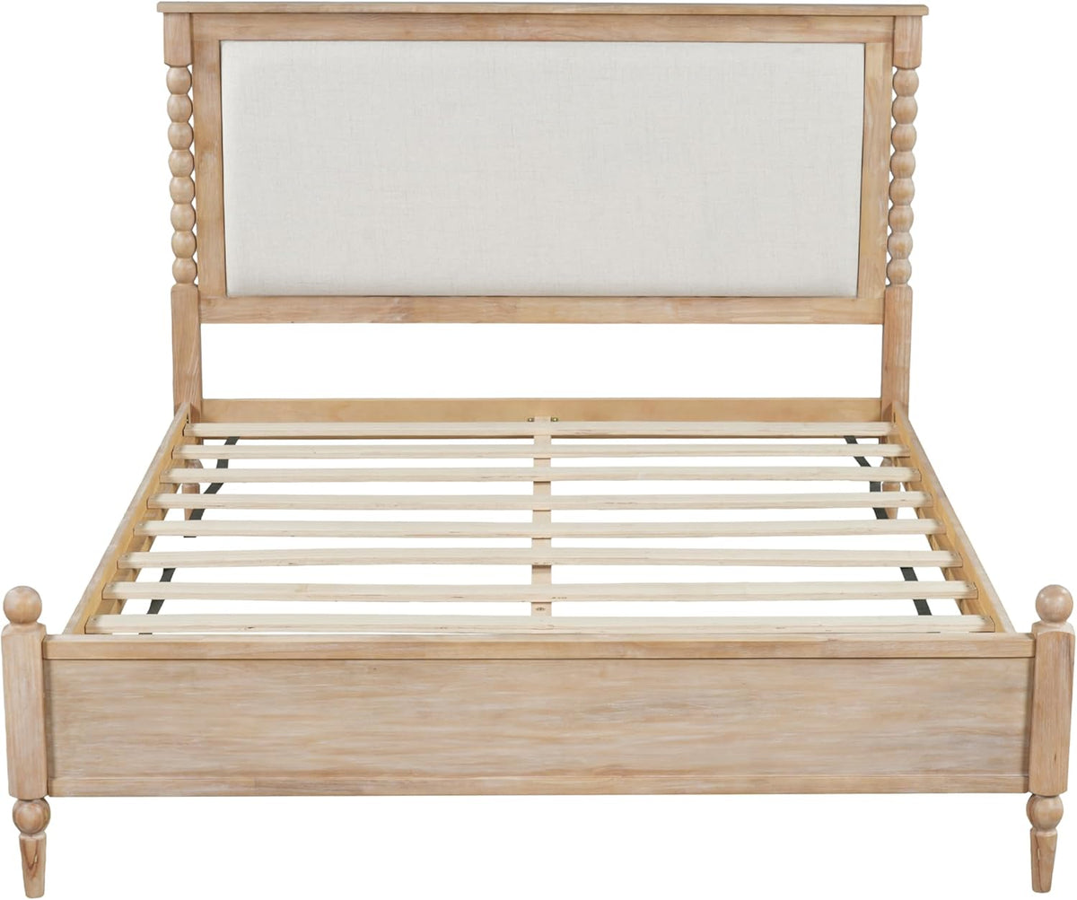 Merax Queen Size Solid Wood Platform Bed Frame, Upholstered Headboard & Classic Spindle & with Fabric Panel, No Box Spring Needed, 500 lbs Capacity Timeless Traditional for Bedroom, Natural