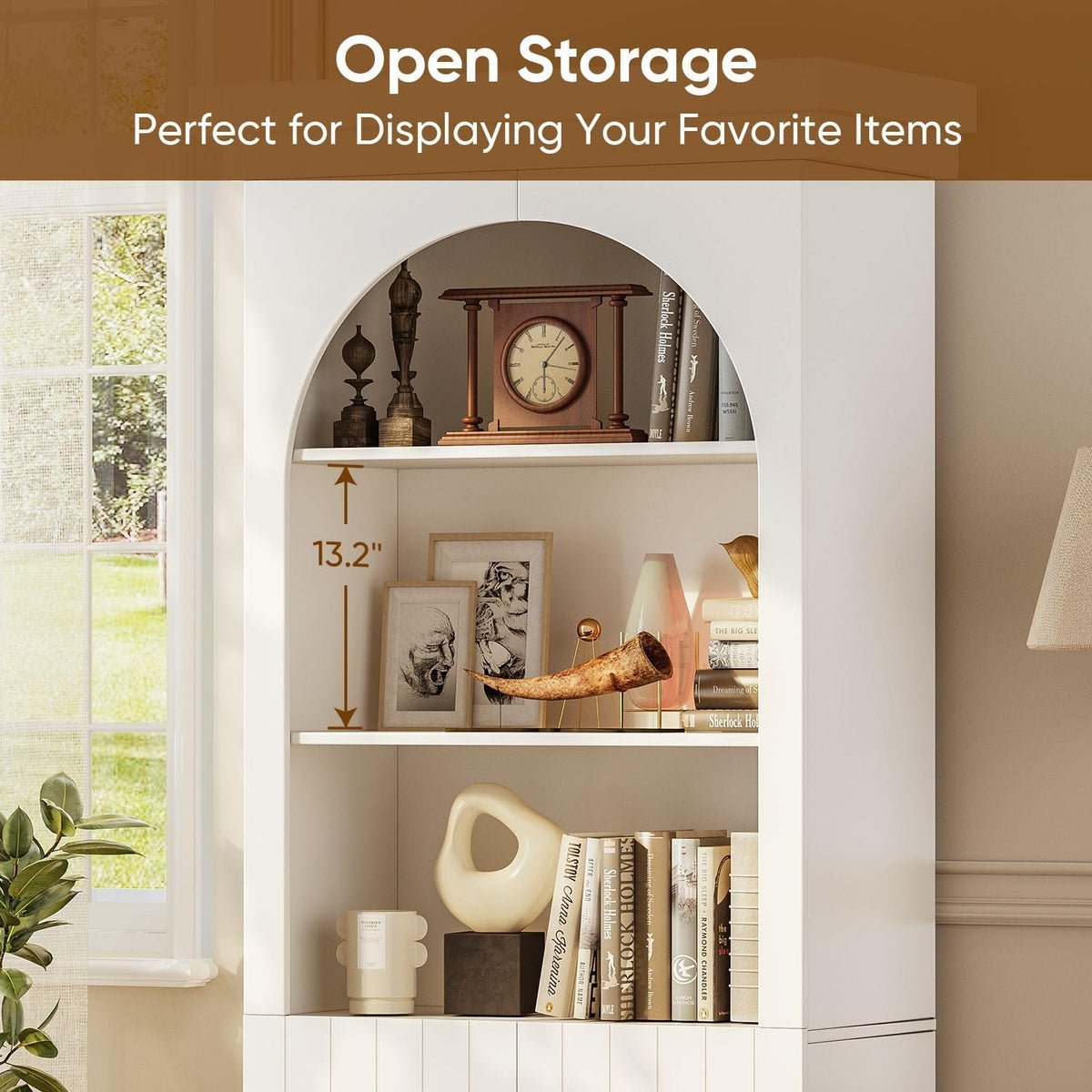 71" Arched Kitchen Modern Pantry Storage Cabinet, Tall Display Cabinet for Living Room and Dining Room with 1 Glass Door and 1 Open Shelf Cabinet with Drawers, White with Gold Handles, 2 of Set