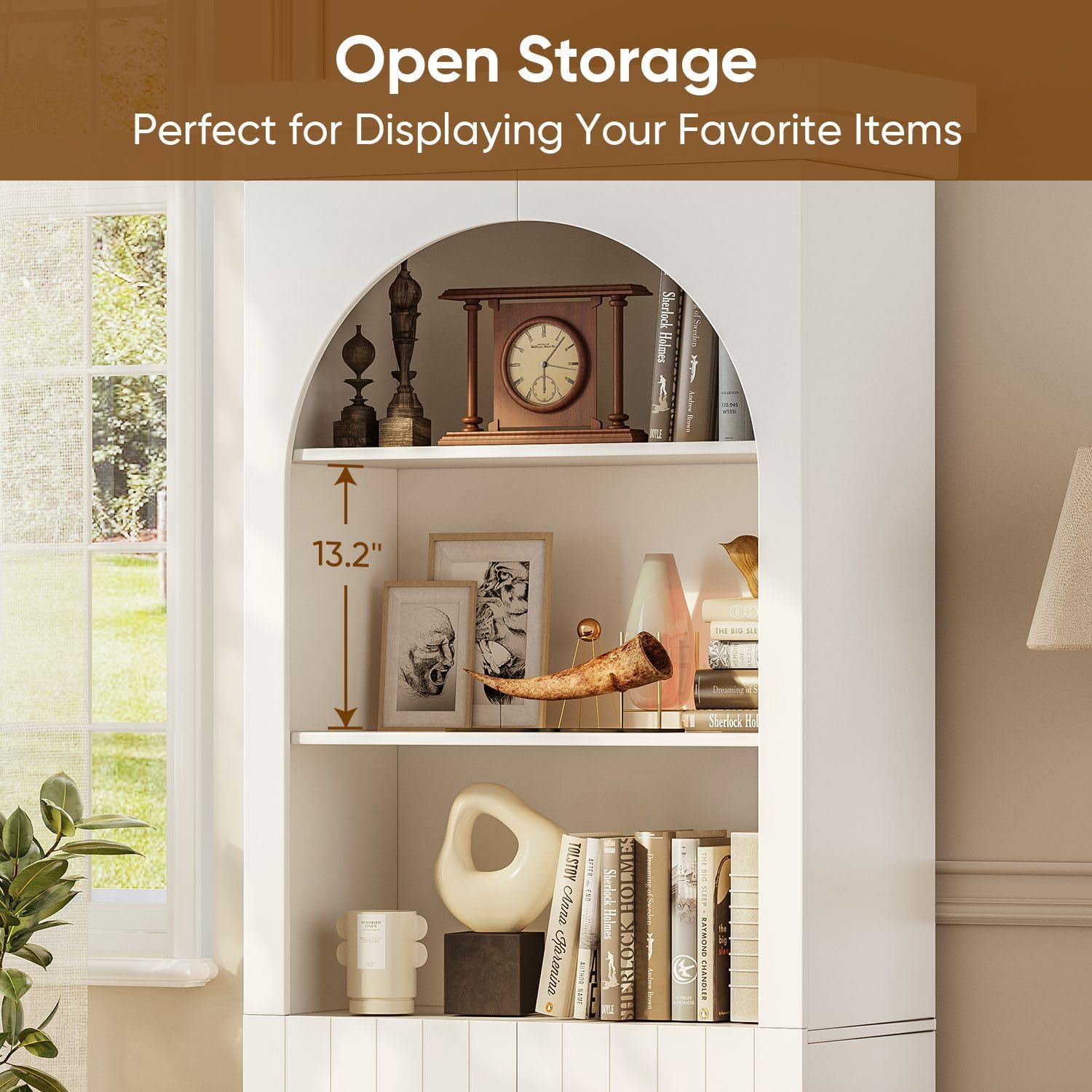 71" Arched Kitchen Modern Pantry Storage Cabinet, Tall Display Cabinet for Dining Room and Living Room with 1 Glass Door and 1 Open Shelf Cabinet with Drawers, White with Gold Handles, 2 of Set