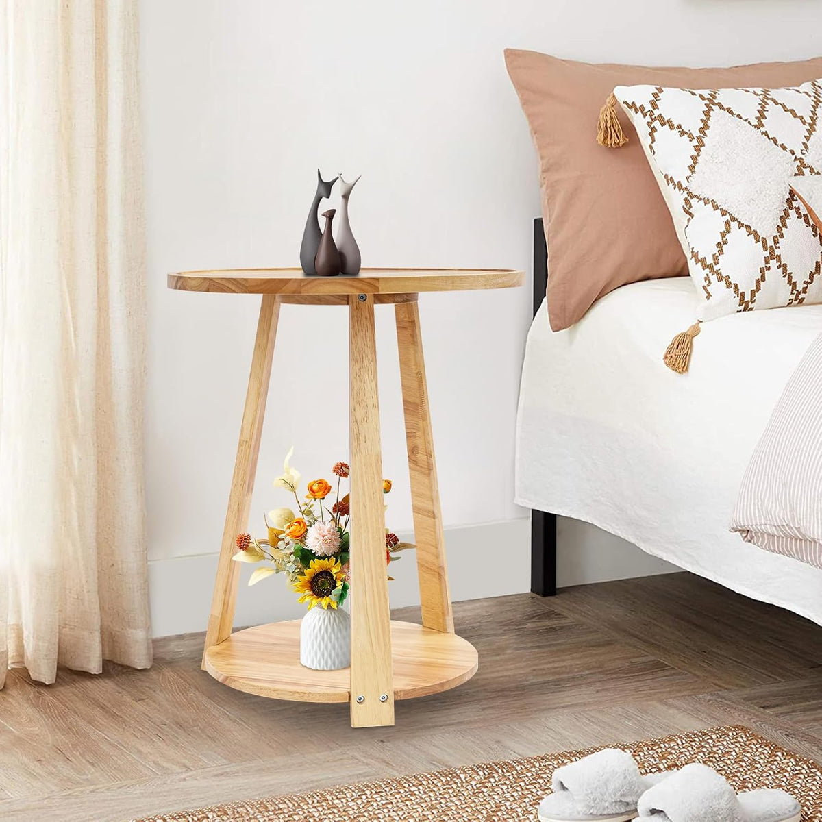 Small Round Side Table, 2-Tier End Table with Storage Shelf, Modern Couch Bedside Table for Living Room Bedroom Apartment Office (Burlywood)