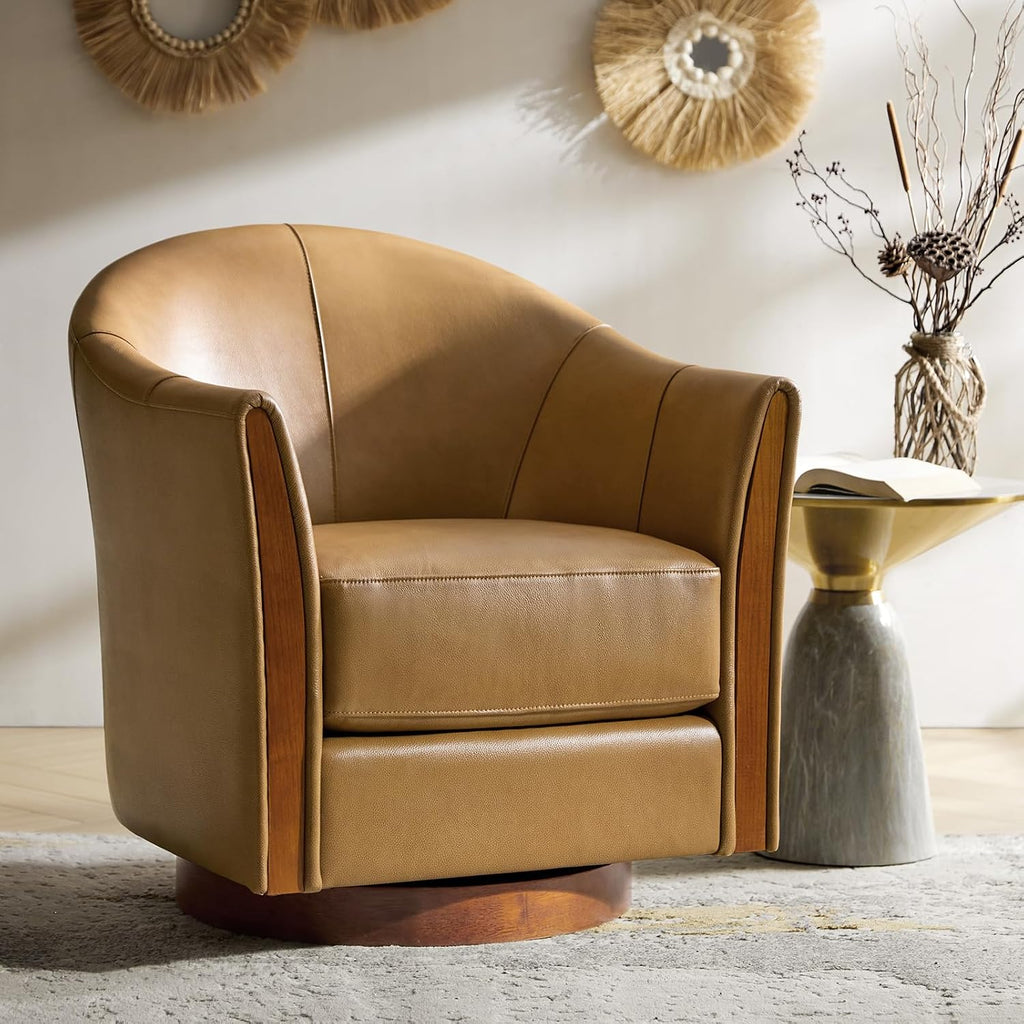 HULALA HOME Leather Swivel Accent Chair with Wood Base Set of 2, Camel | 360-degree Round Swivel Barrel Chair for Living Room Bedroom Apartment