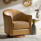 HULALA HOME Leather Swivel Accent Chair with Wood Base Set of 2, Camel | 360-degree Round Swivel Barrel Chair for Living Room Bedroom Apartment